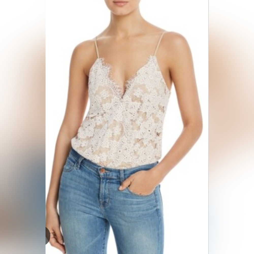 WAYF Womens Lizzie Crossover Floral Lace Bodysuit Ivory/Nude Size Medium